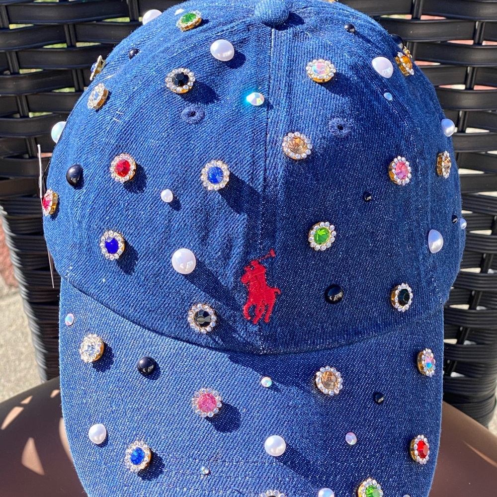 Custom Ralph Lauren Blue Denim Cap with Gemstones